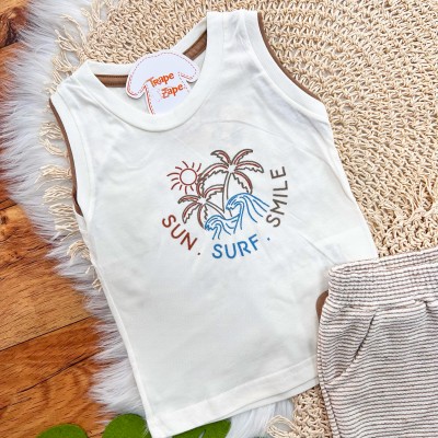  Conj. Regata Sun∙ Surf∙ Smile e Bermuda em Linho - Areia